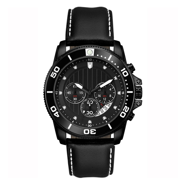 MS-855KMR1-00BK MS855 Black Stainless Steel Chronograph Watch with Leather Strap