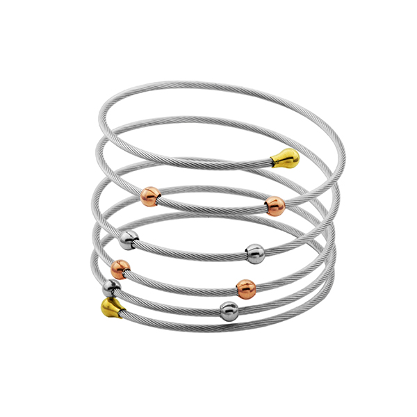 CJ Steelx Spiral Cable Bracelet with 3-Tone Beads - Silver