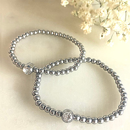 CJ Steelx "Mom and Me" Beaded Stretch Bracelet with 5mm Crystal - Silver - 6"