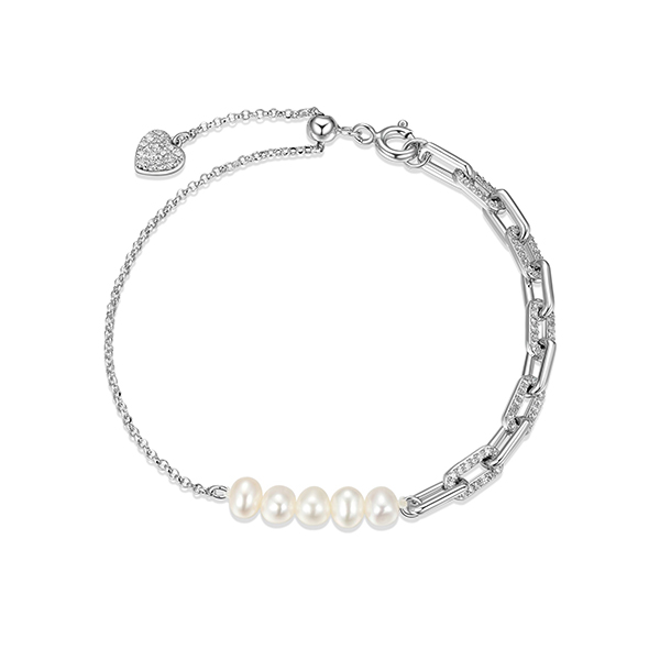 Diamondlite Cubic Zirconia Half and Half Pearl Adjustable Chain Link Bracelet - Silver