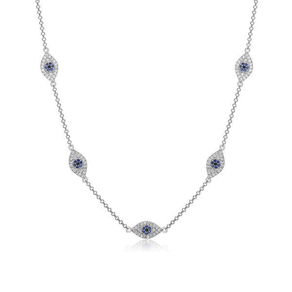 Diamondlite Cubic Zirconia, Black Spinel and Sapphire Evil Eye Station Necklace - Silver
