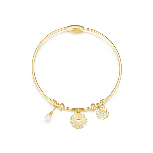 Poetic Collection Diamondlite Cubic Zirconia and Genuine Pearl Flower Medallion Charm Flexi-bangle - Gold
