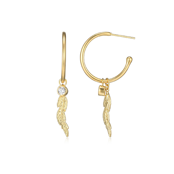 Poetic Collection 22mm Diamondlite Cubic Zirconia Round Bezel and Feather Charm Earrings - Gold