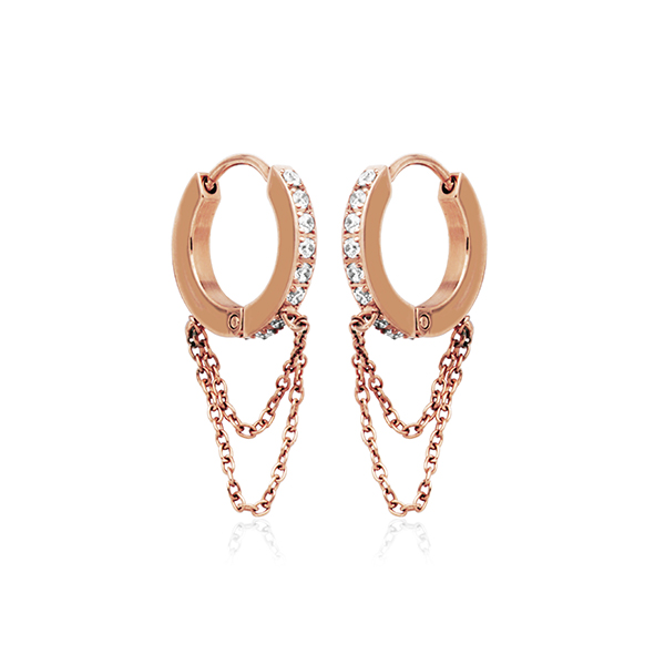 CJ Steelx 14.5mm CZ and Double Chain Huggie Hoop Earrings - Rose Gold
