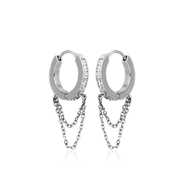 CJ Steelx 14.5mm CZ and Double Chain Huggie Hoop Earrings - Silver
