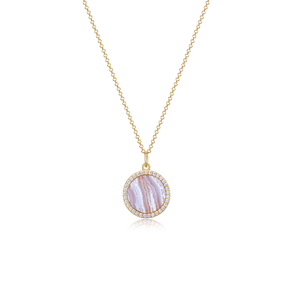 Fleur de Vie Collection Diamondlite Cubic Zirconia and Lace Agate Adjustable 13mm Round Locket Necklace - Gold