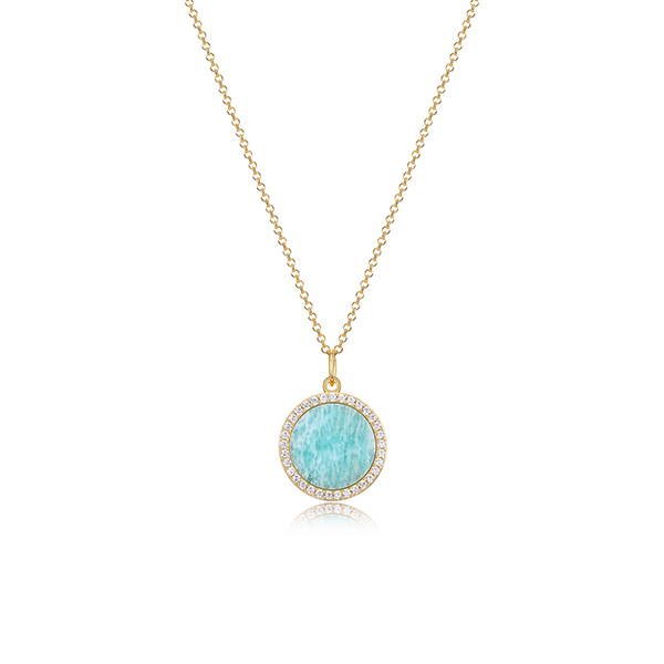 Fleur de Vie Collection Diamondlite Cubic Zirconia and Peru Amazonite Adjustable 13mm Round Locket Necklace - Gold