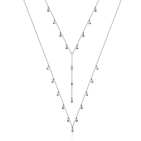CJ Steelx Bezel CZ and Bead Double Layer Necklace - Silver