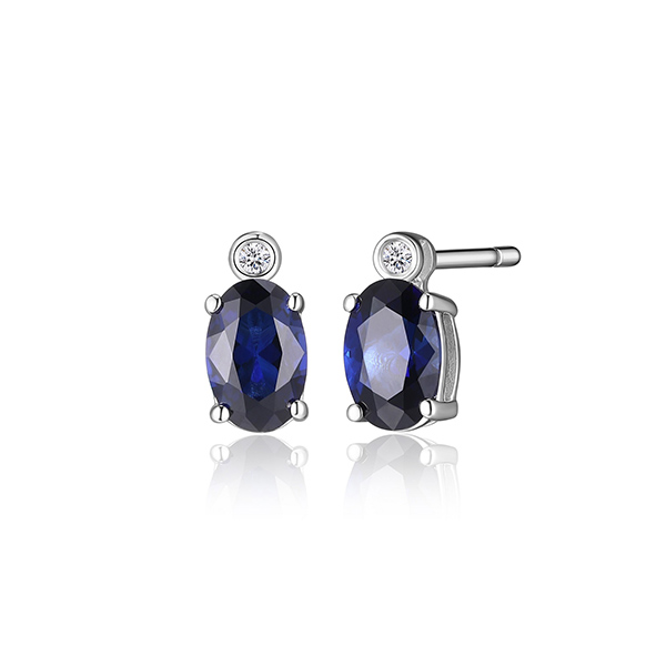 ER2LCHE-W "Blue Star" Sterling Silver Created Sapphire and Lab Grown Diamond Round Earrings