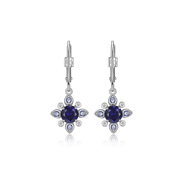 ER2LCHG-W "Blue Star" Sterling Silver Created Sapphire and Lab Grown Diamond Star Dangle Earrings