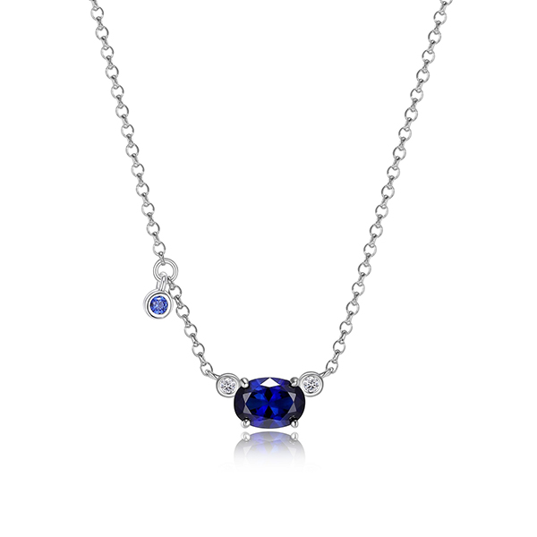 NR0LBN7-W "Blue Star" Sterling Silver Oval Created Sapphire and Round Lab Grown Diamond Necklace