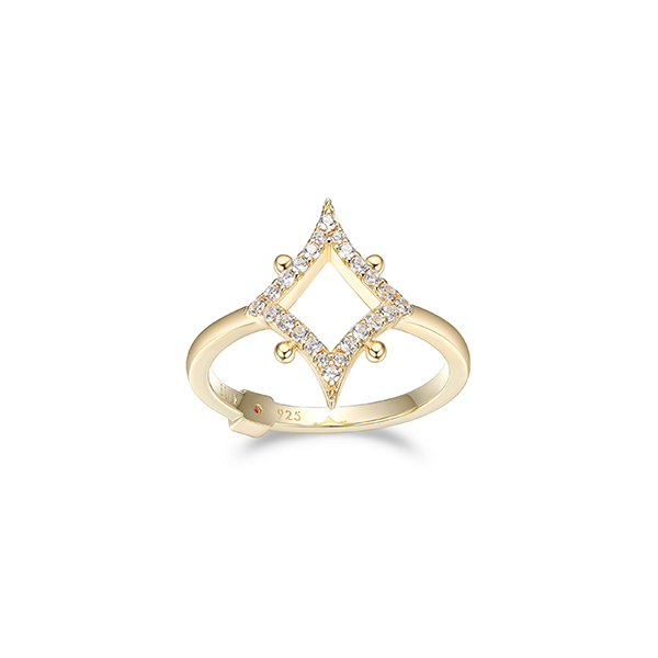 R34LADE-Y-9 "Stellar" Sterling Silver Gold Plated Rhombus with Pave Cubic Zirconia Ring - Gold