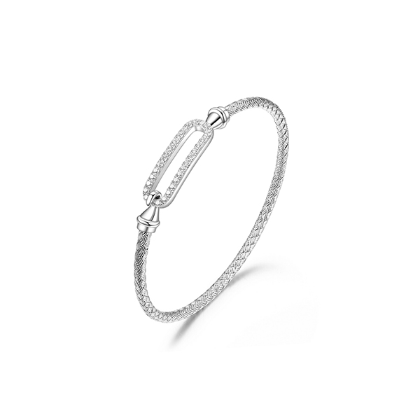 BR1Q1AF-W Sterling Silver "Paperclip" Cubic Zirconia Woven Tube Hook Bangle