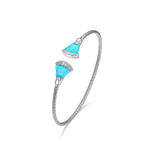 BR1Q1CD-W Sterling Silver "Fanflare" Blue Opal with Cubic Zirconia Cuff Bangle