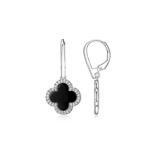 ER2Q0C5-W Sterling Silver "Bliss" Black Agate with CZ Clover Leverback Earrings