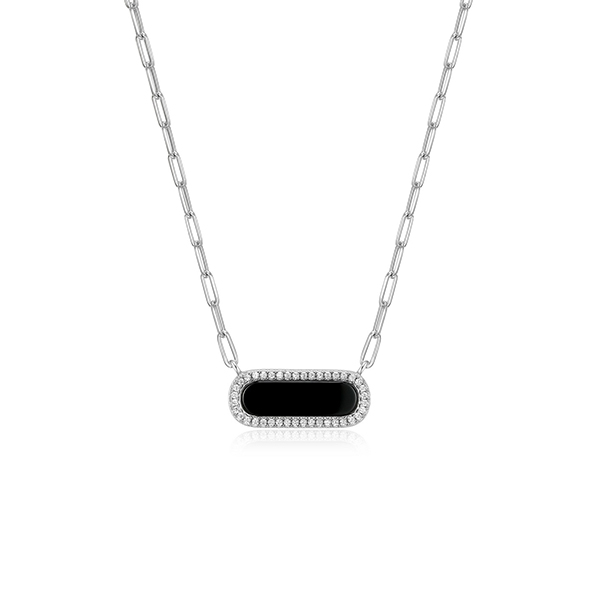 NR0Q09V-W Sterling Silver "Paperclip" Oval Black Agate with CZ and Chain Necklace