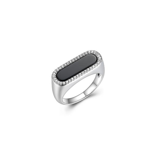 RR4Q03B-W-8 Sterling Silver "Paperclip" Oval Black Agate with CZ Ring -  Silver