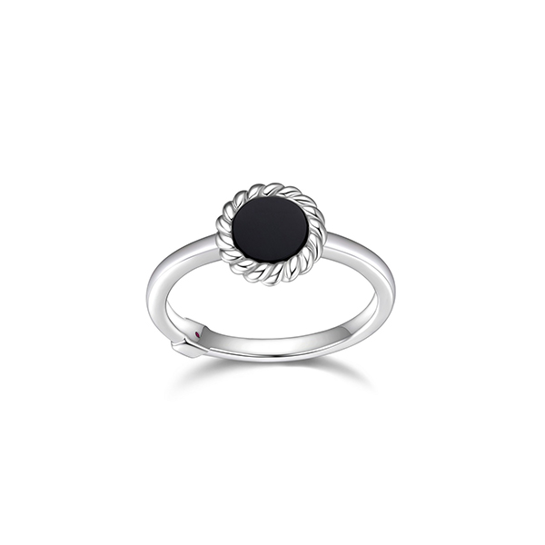 RR4LAE1-W-7 "Nautical" 6mm Round Black Agate with Rope Trim Ring - Silver