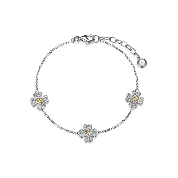 Diamondlite Cubic Zirconia Love and Kisses Triple Clover Bracelet - Silver and Gold