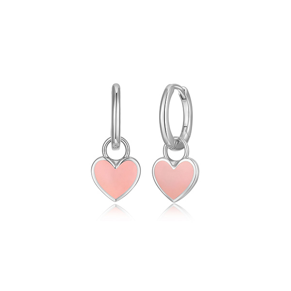 3-in-1 Reversible and Removable Pink Enamel Heart Charm Huggie Earrings - Silver