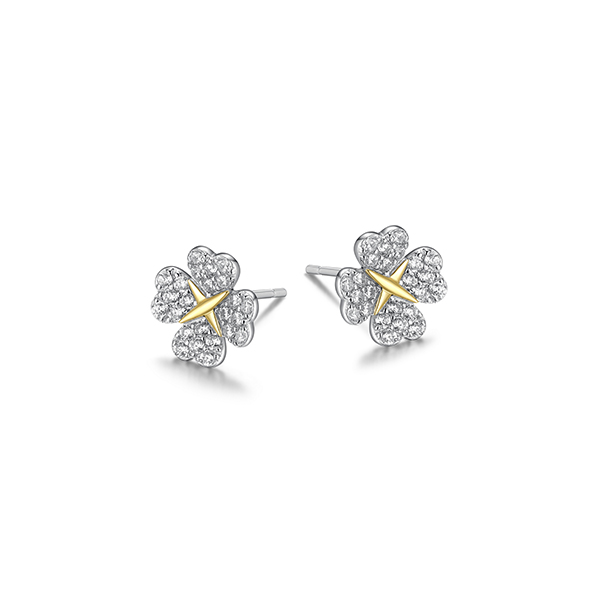 Diamondlite Cubic Zirconia Love and Kisses Clover Stud Earrings - Silver and Gold