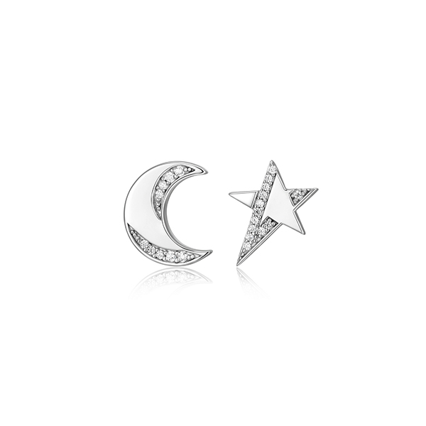 ER2LCPP-W "Motif" Moon and Star with Cubic Zirconia Mismatched Stud Earrings