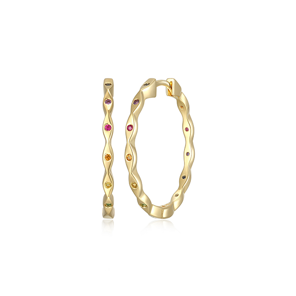 Diamondlite "Mystique" Multi-coloured Created Gems Scalloped Hoop Earrings - Gold