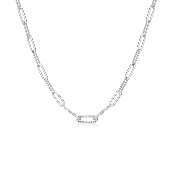 Diamondlite Paperclip Link Chain with Pave Cubic Zirconia Accents - Silver