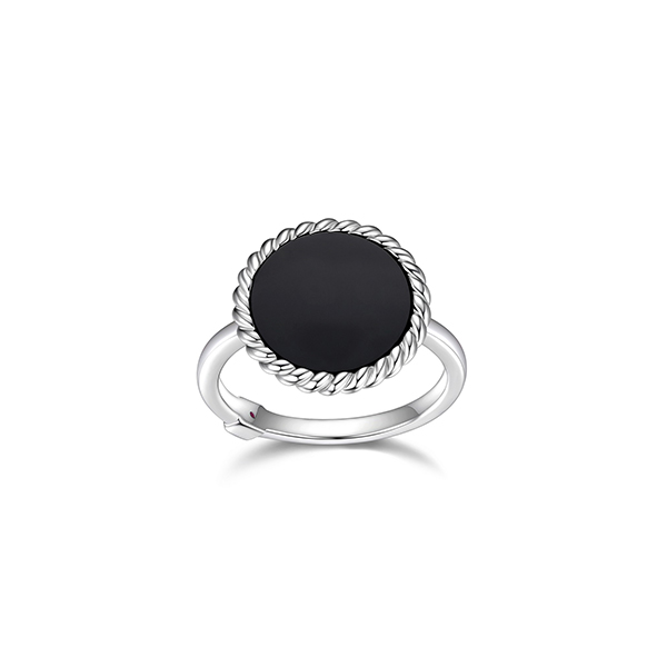 ELLE "Nautical" 12mm Round Black Agate with Rope Trim Ring - Silver - Size 6