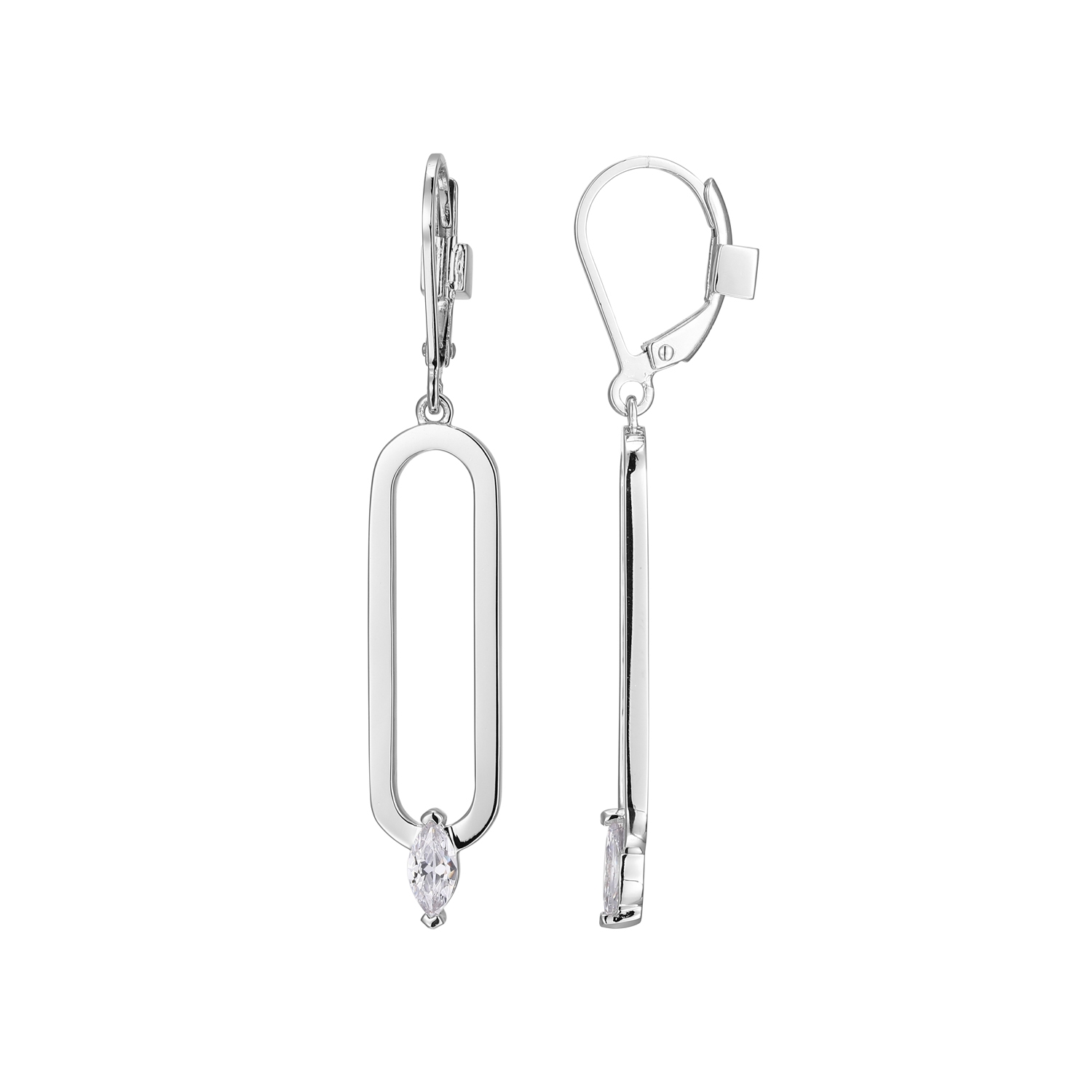ER2LCQ5-W "Parallel" Open Oblong Dangle with  Marquise Cubic Zirconia Lever Back Earrings