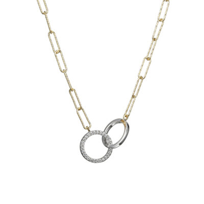 Charles Garnier Sterling Silver "PAPERCLIP" with Diamondlite Interlocking Circles Necklace - Silver and Gold