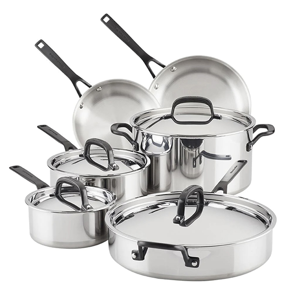 KitchenAid 5-Ply Clad Stainless Steel Cookware Set, 10-Piece, Polished Stainless Steel