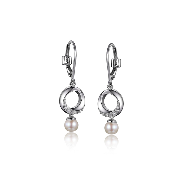 ER2LC7P-W "Majestic" Sterling Silver Genuine Pearl and Cubic Zirconia Dangle Leverback Earrings