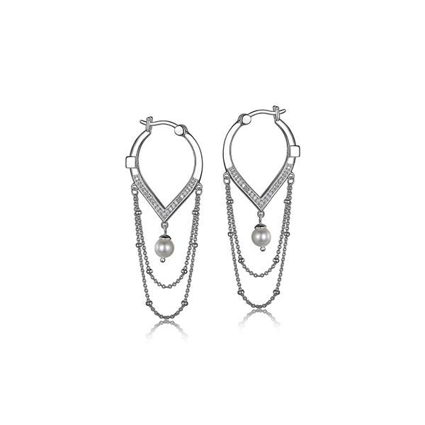 ER2LC7S-W "Majestic" Sterling Silver Pearl and CZ "V" shaped Chain and Bead Hoop Earrings