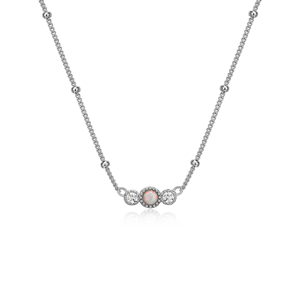 Diamondlite Cubic Zirconia and 3mm Round Created Opal Delicate Bezel 3-stone Necklace - Silver
