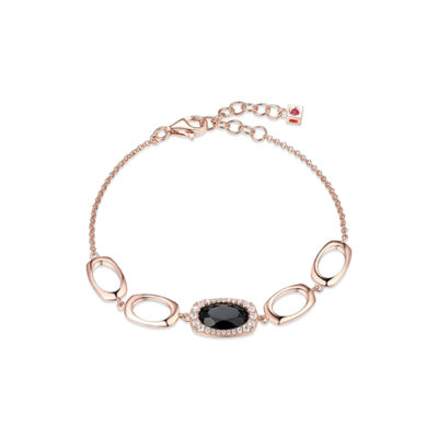 ELLE "Aureole" Sterling Silver Black Agate Oval & Cubic Zirconia with Link Bracelet - Rose Gold