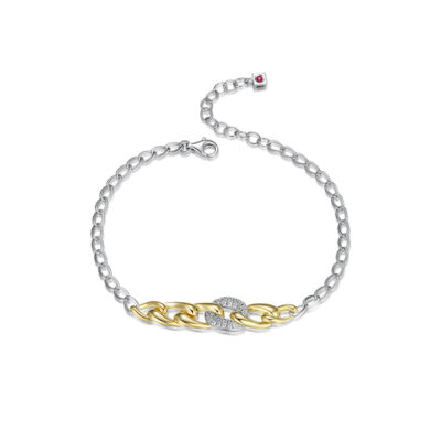 ELLE "Ebullience" Twisted Oval Link with Cubic Zirconia Bracelet - Silver and Gold