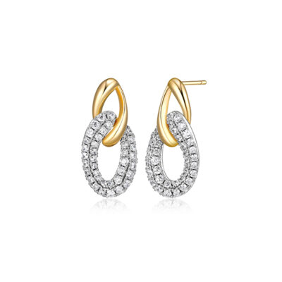 ELLE "Ebullience" Twisted Oval Link with Cubic Zirconia Stud Earrings - Silver and Gold
