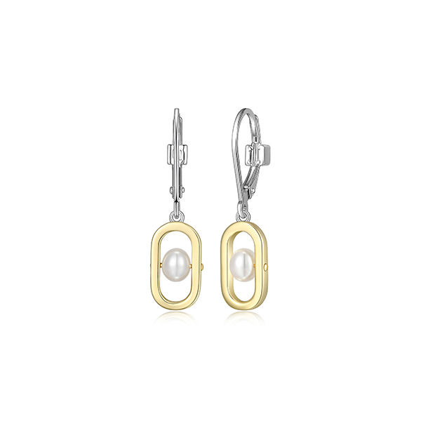 ELLE "Parallel" Sterling Silver Dangle Oblong with White Pearl Lever Back Earrings - Silver and Gold