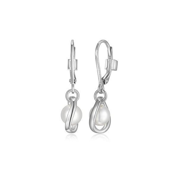 ELLE "Luna" Sterling Silver White Pearl Drop Lever Back Earrings - Silver