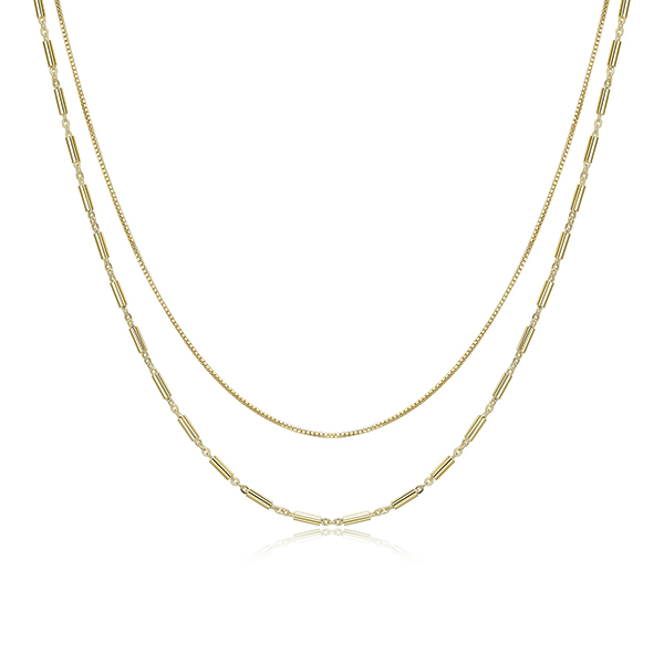 Layered Box and Tube Link Cable Chain Necklace - Gold