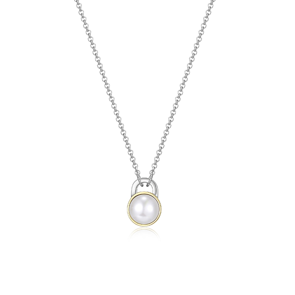 ELLE "Parallel" Sterling Silver Bezel Set with White Pearl Necklace - Silver and Gold