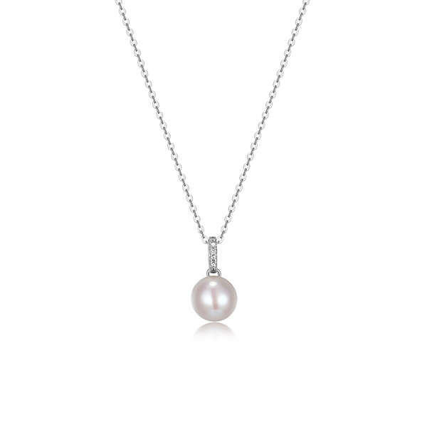 Diamondlite Cubic Zirconia 8.5mm Round Pearl Solitaire Necklace in Sterling Silver - Silver