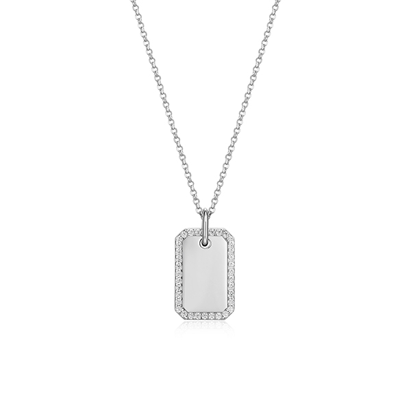 Diamondlite Cubic Zirconia Square Edge Adjustable Dog Tag Necklace - Silver
