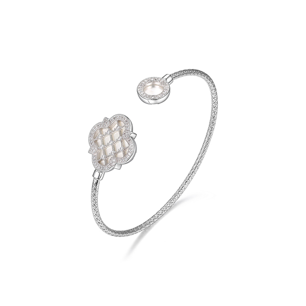 Charles Garnier Sterling Silver "Bliss" Mother of Pearl with CZ Cuff Clover Bangle - Silver