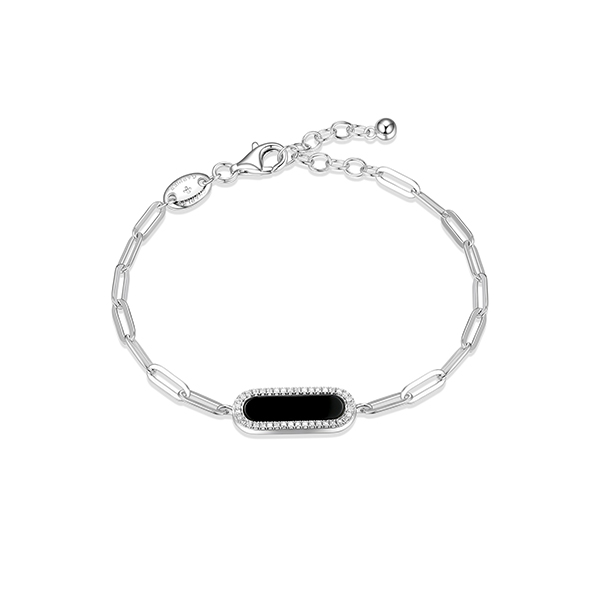 Charles Garnier Sterling Silver "Paperclip" Oval Black Agate with CZ Chain Bracelet -  Silver