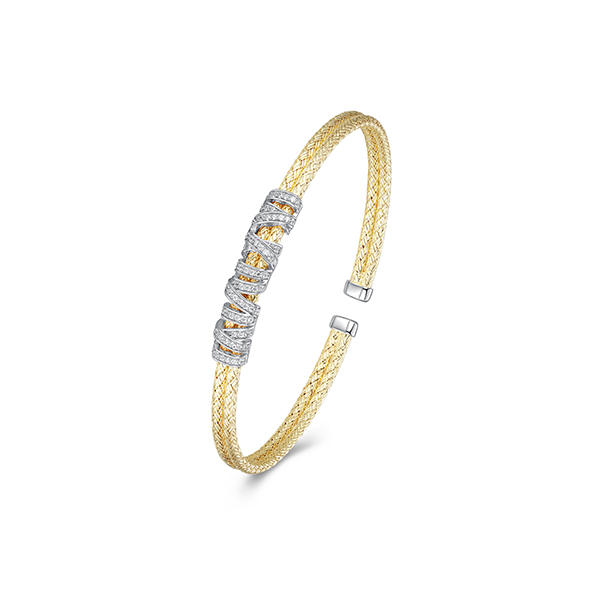 Charles Garnier Sterling Silver "Interlink" Woven Tube with CZ Cuff Bangle - Silver and Gold