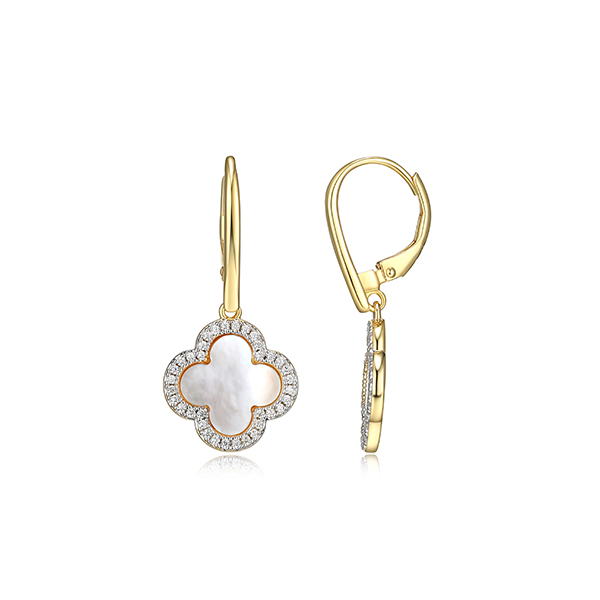 Charles Garnier Sterling Silver "Bliss" Mother of Pearl with CZ Clover Leverback Earrings - Gold