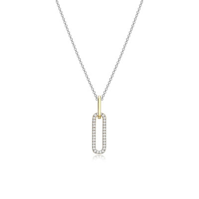Charles Garnier Sterling Silver "Paperclip" Oval Link Pendant with CZ Necklace - Silver and Gold