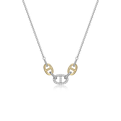 Charles Garnier Sterling Silver "Mariner Link" with Diamondlite Necklace - Silver and Gold